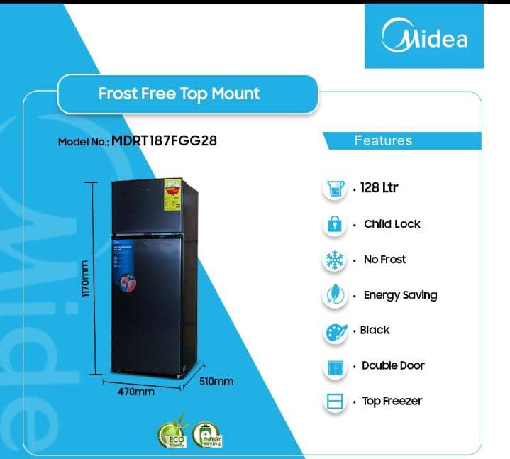 Midea 128Ltrs Double Door Top Mount Fridge