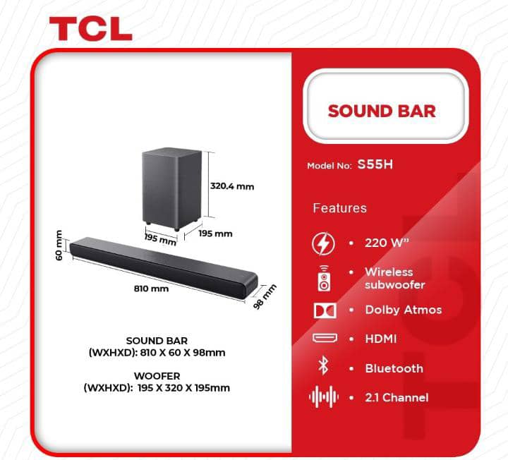 TCL 2.1 CH Bluetooth Dolby Atmos DTS Virtual:X Soundbar with Wireless Subwoofer (S55H