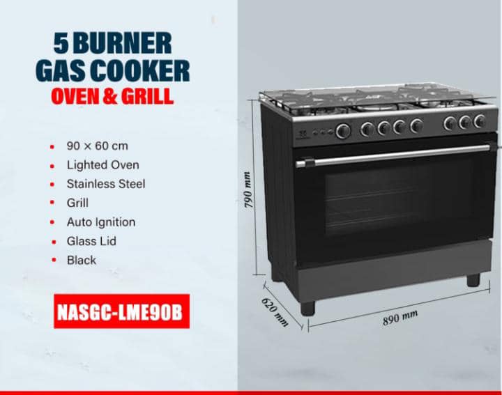 Nasco 90×60 5 Burner Gas Cooker with Grill – Black [NASGC-LME90B].